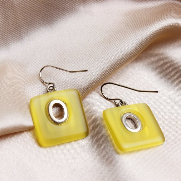 🌹Vintage yellow square silver Fish hook earring - Picture 4 of 8